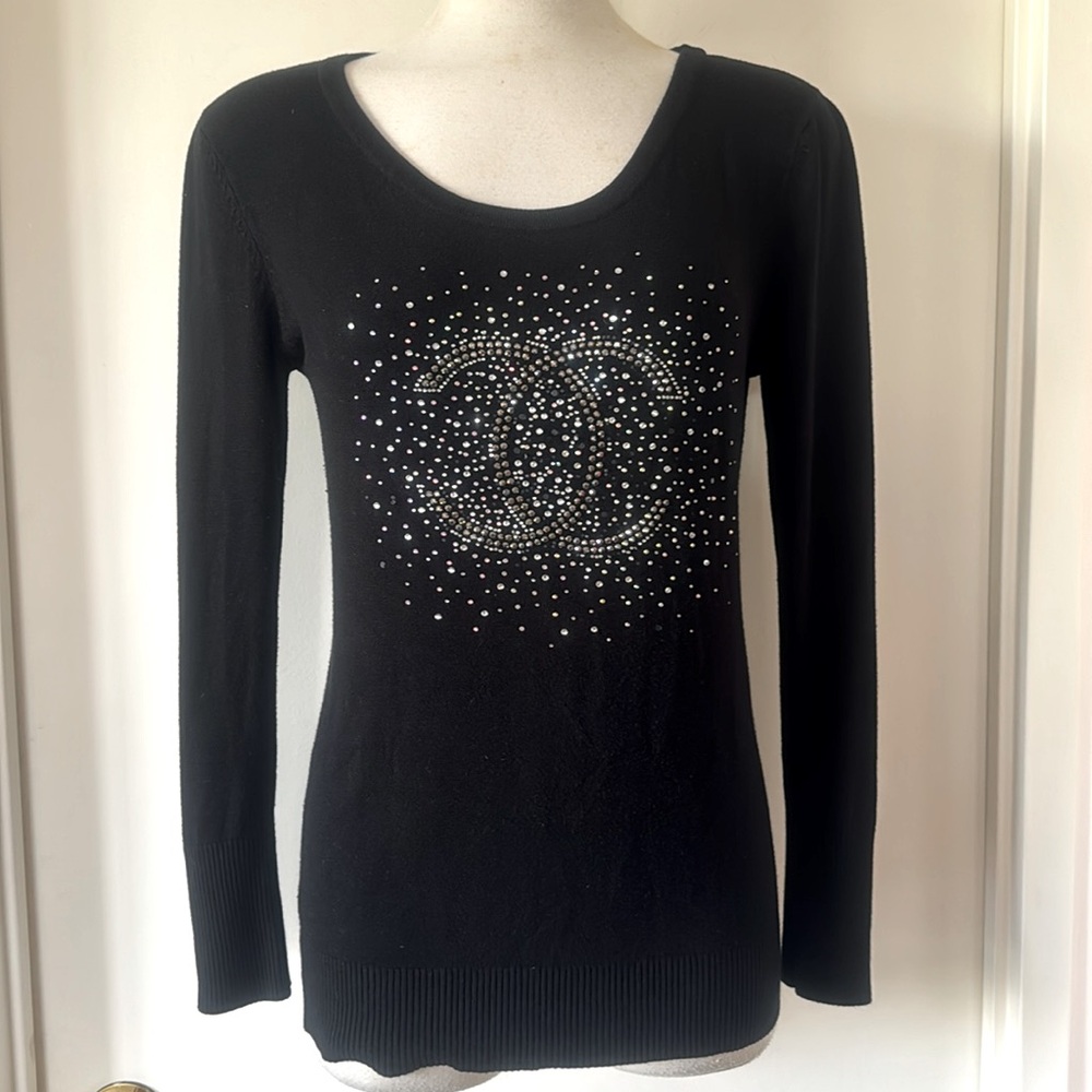 💕CHANEL Black Long Sleeve Sweater with Crystal Logo M EUC